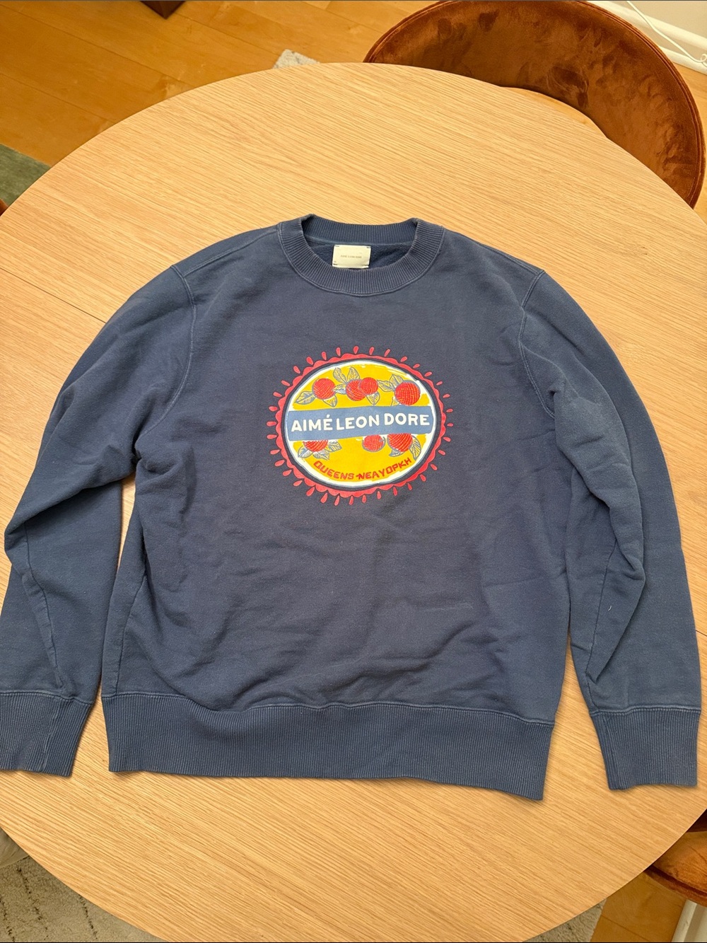 Aime Leon Dore Navy Crewneck Sweatshirt with Multicolor Chest Logo